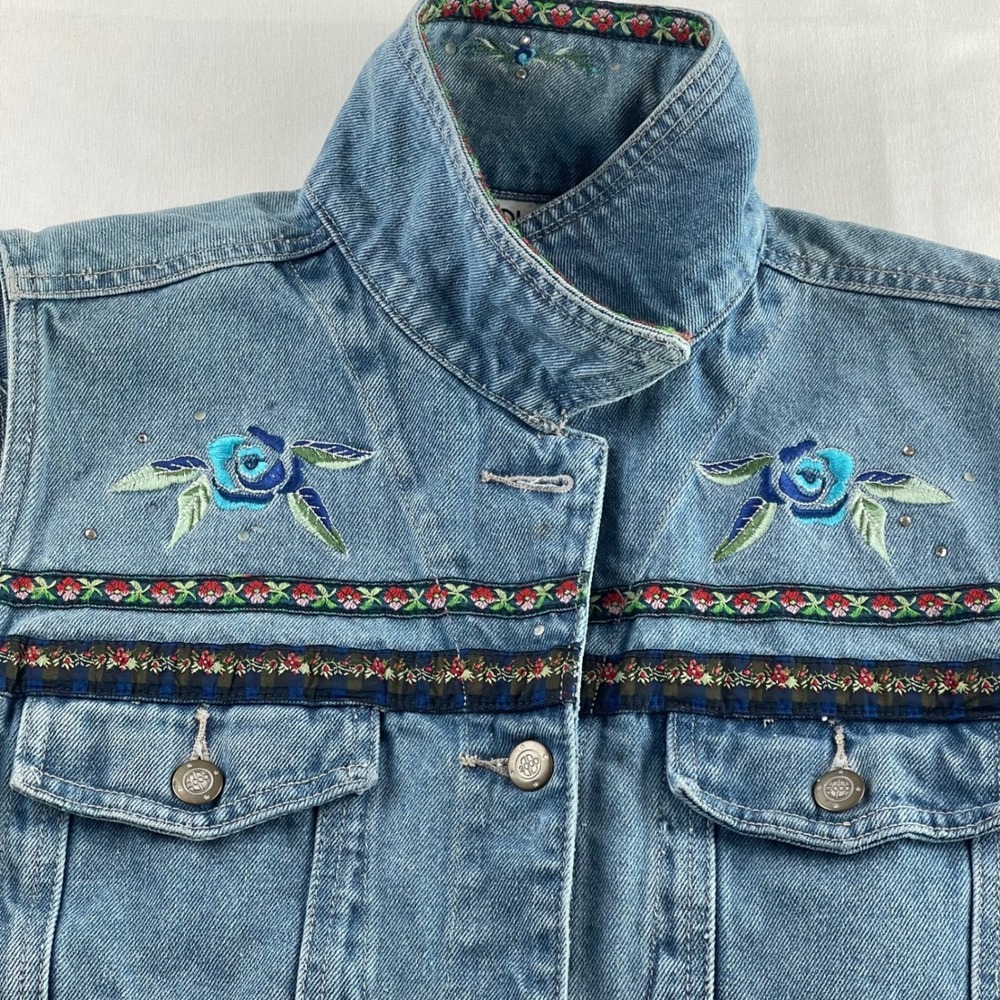 Vintage Bill Blass Jeans Denim Vest Women's Size L Blue Embroidered Cottage Boho